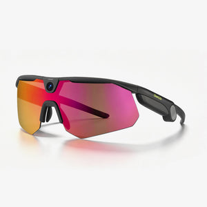 BleeqUp Ranger AI sports camera glasses, black frame with standard orange-red lenses, side view