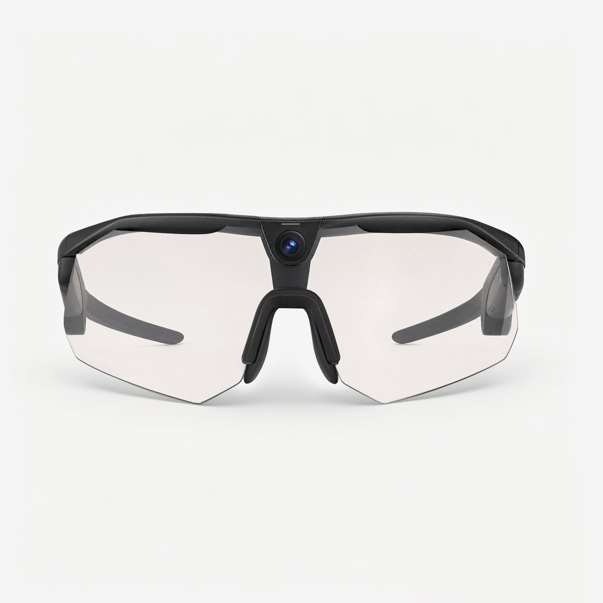 BleeqUp Ranger AI sports camera glasses, black frame with clear photochromic lenses, front view