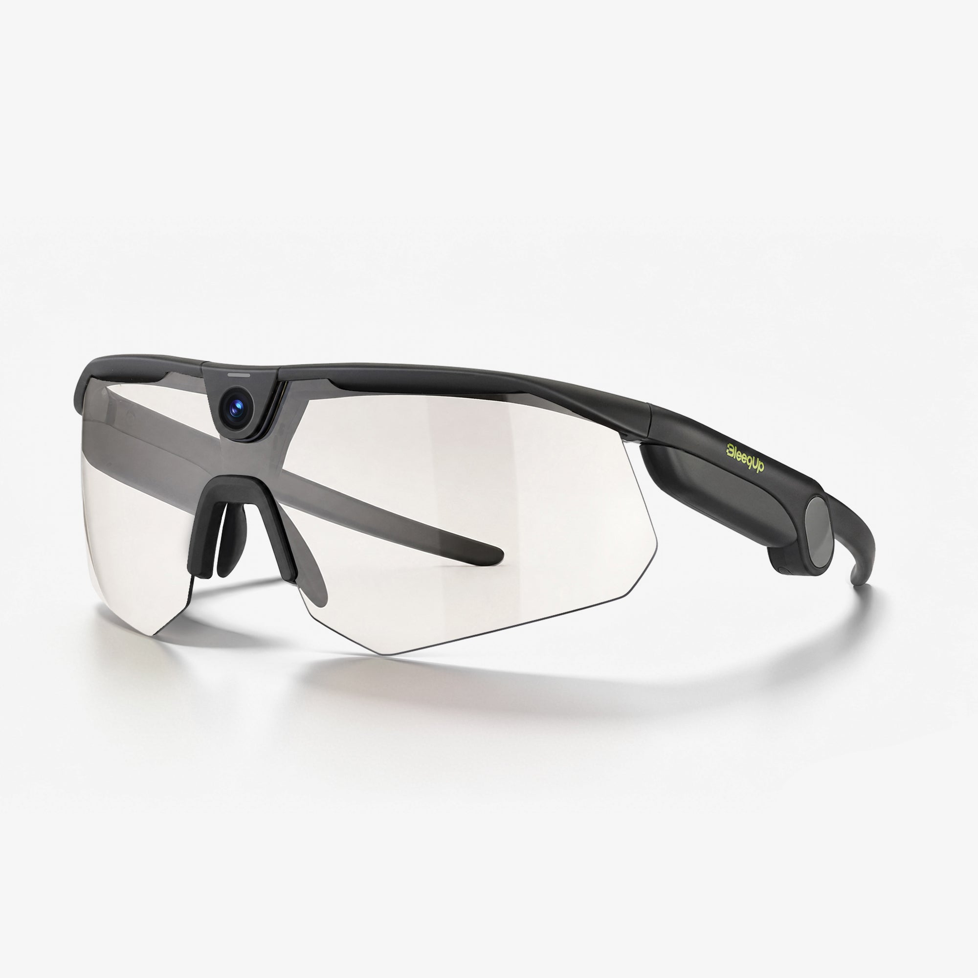 BleeqUp Ranger AI sports camera glasses, black frame with clear photochromic lenses, side view