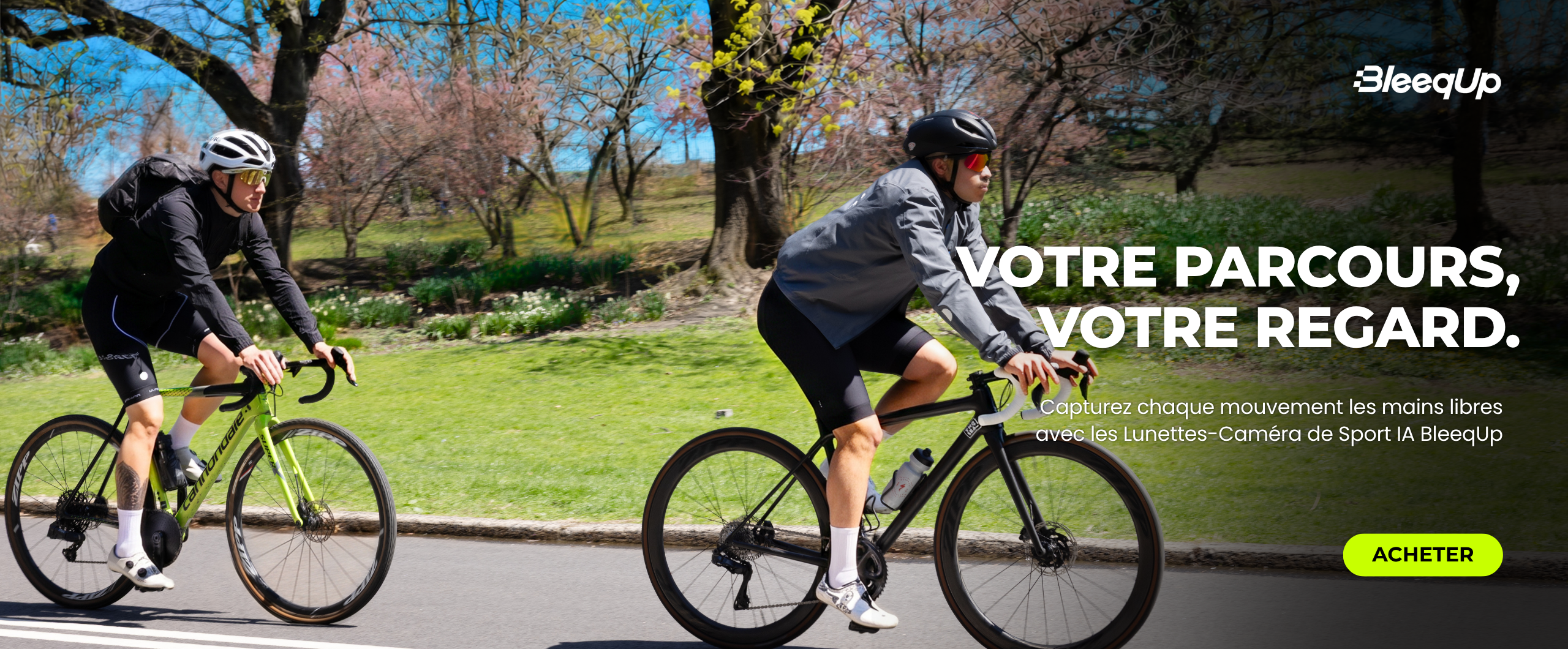 Bannière promotionnelle pour les lunettes-caméra sportives AI BleepUp pour le cyclisme, mettant en avant la capture POV en mains libres et un bouton « ACHETER MAINTENANT »